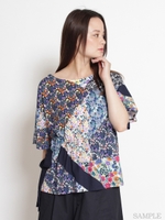 パッチワークフラワープリントカットソー/ネイビー