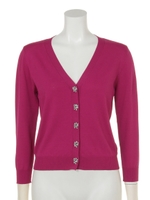 ビジューボタンVネック7分袖ニットカーディガン/パープル
