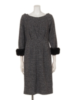 ファー付ニットツイードウエストタックワンピース/ブラック