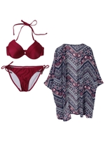 プリントガウン付きビキニ/3点セット/ワイン
