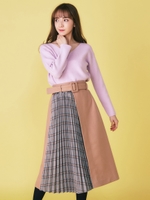 ベルト付きプリーツ切換えスカート/ベージュ