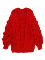 ボリュームスリーブニットカーディガン/レッド