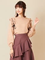 リボンフリルニットプルオーバー/ベージュ