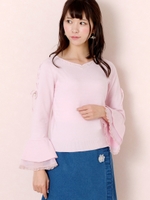 レースアップフリルスリーブニット/ベビーピンク