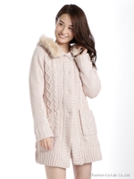 ローゲージ裏付きフードニットカーディガン/ベージュ