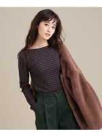 ワイドリブボートネックボーダートップス/チャコール