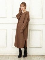 ワッフルヘンリーNニットワンピース/ライトブラウン