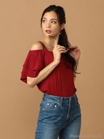 ワンショルダーラッフルカットトップス/ボルドー