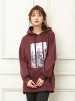 起毛裏毛フォト転写フーデットチュニック/ボルドー