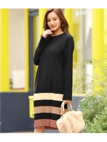 裾配色プリーツニットワンピース/ブラック(027)