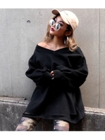 裏起毛ダメージオフショルチュニック/ブラック(027)