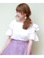 2WAYオフショルダーフリル袖Tシャツ/ホワイト