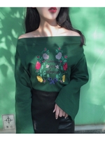 2WAY花柄刺繍ワイドスリーブカットソー/モスグリーン