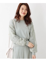 【S-LLまで】レース刺繍スリーブ切り替えニットプルオーバー/ライトグリーン(021)