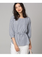 【洗える】ストライプ前後差ブラウス/ブルー(892)