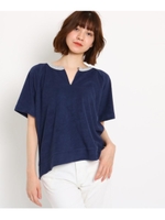 【洗える】デザインネック コットンパイルトップス/ネイビー(093)
