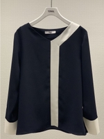 アシメ配色Vネックブラウス/ネイビー