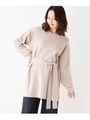 ウエストリボン付きチュニックニットプルオーバー/ライトベージュ(051)