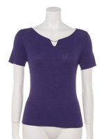 キーネックバー付半袖リブニットプルオーバー/パープル