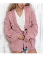 ケーブル編みBIGボタンボリュ/ピンク(008)