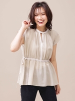 サッカーチェックシフォンギャザーブラウス/ベージュ