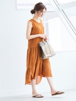 シャーリングブロック切替ワンピース/オレンジ