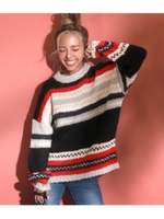 デザインボーダーニットトップス/ブラック(027)