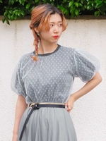 ドット柄レースレイヤード半袖Tシャツ/チャコール