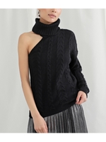 ハイネックワンショルダーデザインニットトップス/ブラック(027)