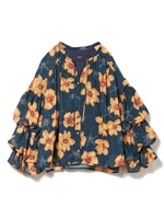 ハンドライティングフラワーバルーンスリーブブラウス/ネイビー