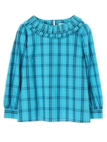 プリーツカラーパフスリーブブラウス/ブルー