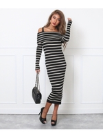 ボーダーオフショルタイトワンピース/ブラック(027)