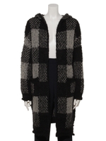 ポンポンヤーンチェックフードロングトッパー/チェック ブラック