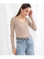 モチモチリブVネックトップス/ベージュ(005)