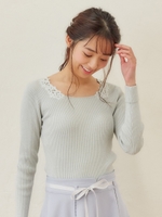 ラメフラワー刺しゅうリブニット/ライトグリーン