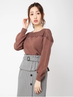 レース刺繍ニットトップス/ブラウン