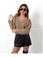 ワンサイドカットVネックニットトップス/モカ(016)