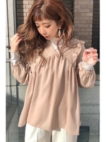 肩フリルVネックブラウス/ベージュ(040)