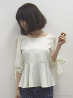 レース切替リボン袖ブラウス