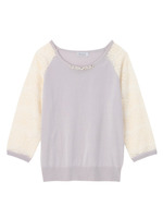 ビジュー使いレースラグラン七分袖ニット