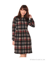 チェック柄後釦ギャザーワンピース