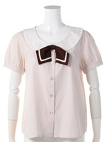 【Fi.n.t】配色タイ付きストライプクレリック半袖ブラウス/beige