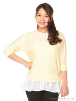 シアーストライプ裾ひらニット7分/カーキ