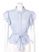 フロントリボンフレアスリーブブラウス/ネイビーブルー