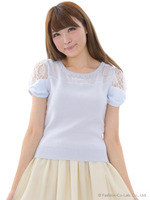 リボン袖シフォン切替ニット/ライトブルー