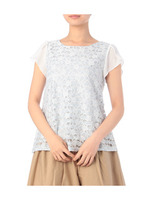 フラワー×ボーダーレースブラウス/ライトブルー(091)