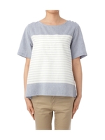 綿麻パネルボーダーブラウス/ブルー系(393)