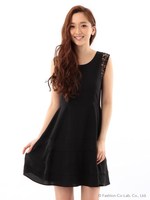 レース袖切替フレアワンピース/グリーン