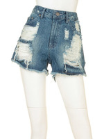 スラブデニムダメージSパンツ/スカイブルー