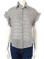 【ECURY】袖フリルボーダーブラウス/ブラック